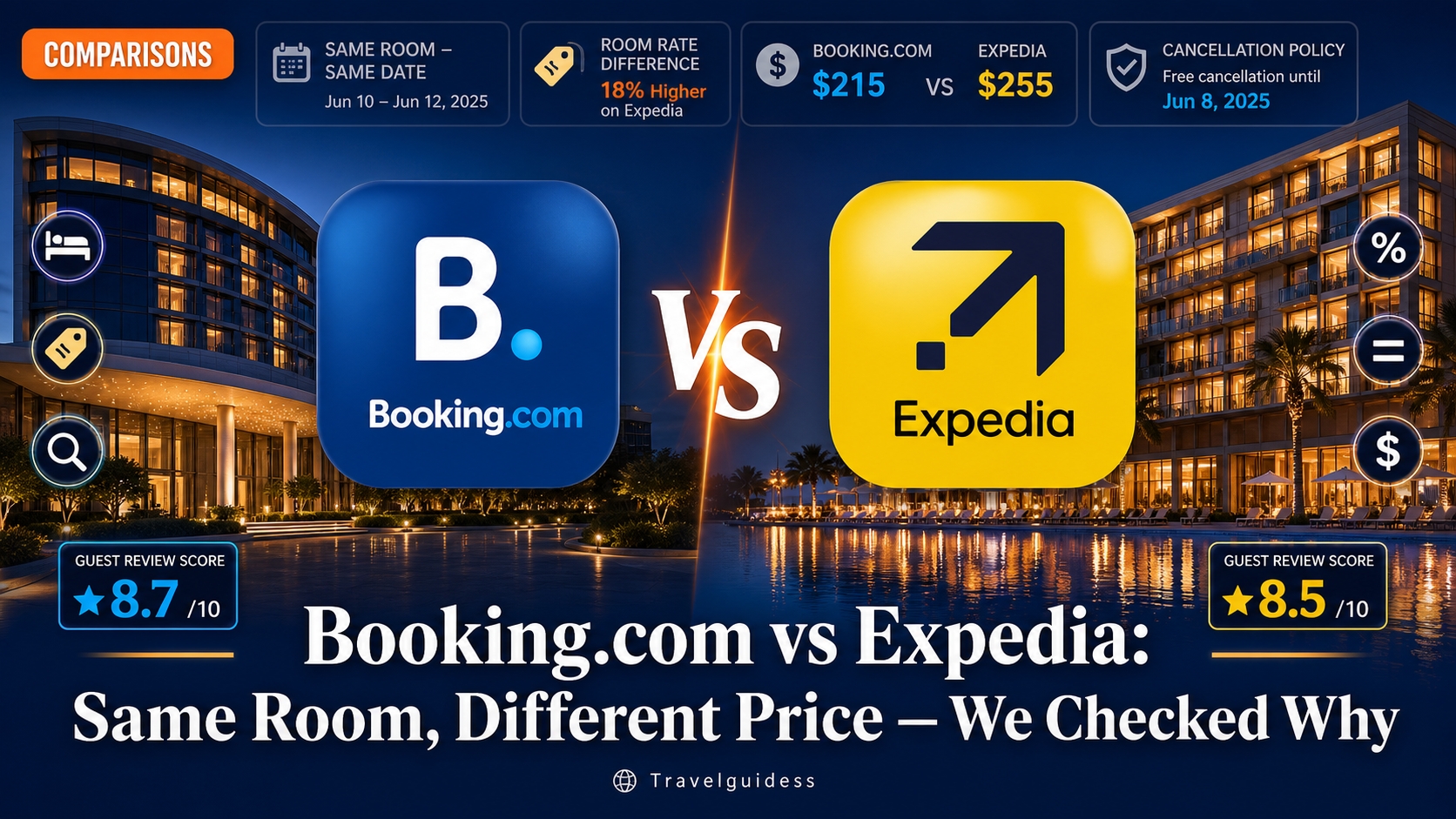 Booking.com vs Expedia comparison, showing the same room at different prices