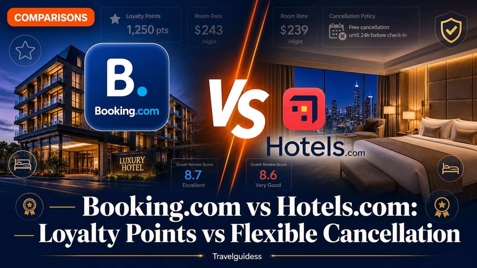 Booking.com vs Hotels.com comparison, showing loyalty points and cancellation terms