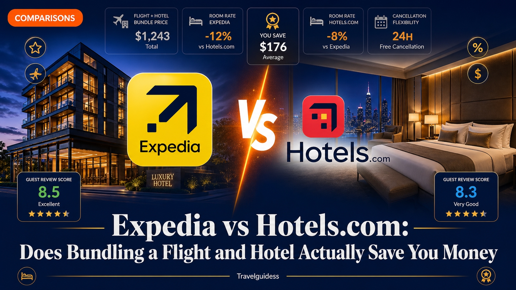 Expedia vs Hotels.com comparison, showing bundled flight and hotel pricing
